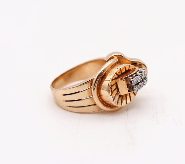 Deco Retro 1935 Geometric Cocktail Ring In 18Kt Gold And Platinum With Diamonds