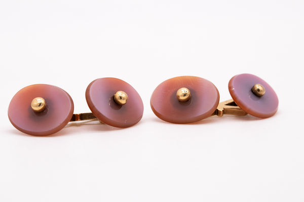 Art Deco 1920 British Cufflinks In 18Kt Yellow Gold With Carved Reddish Agates