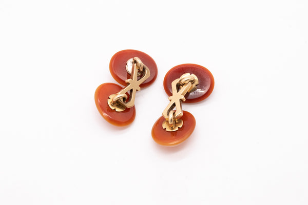Art Deco 1920 British Cufflinks In 18Kt Yellow Gold With Carved Reddish Agates