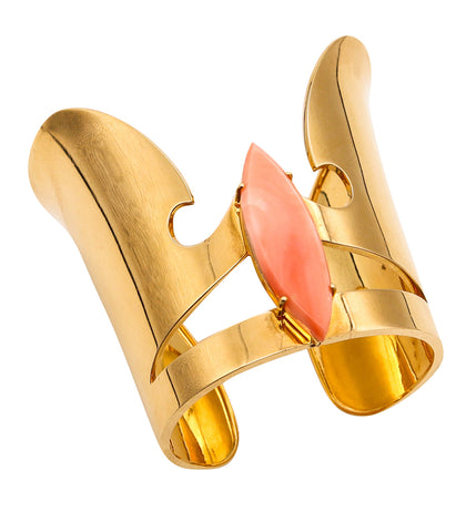 Spritzer & Fuhrmann 1970 Retro Cuff Bracelet In 18Kt Yellow Gold With Salmon Coral