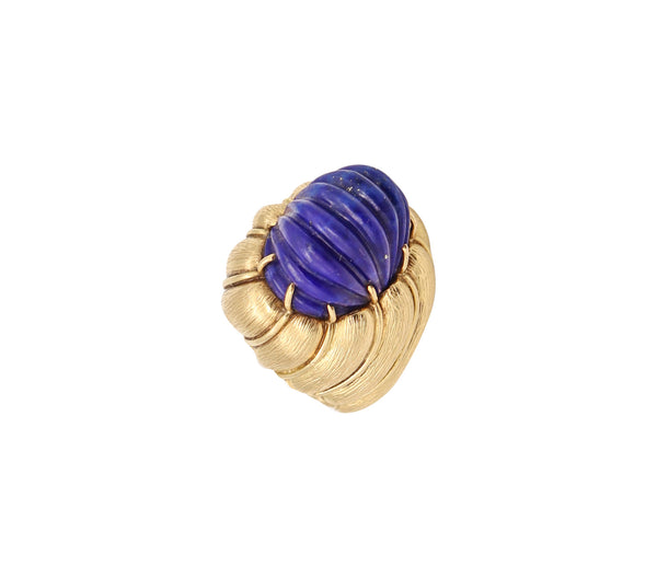 Italian Mid Century 1960 Cocktail Ring In 18Kt Yellow Gold With 28.22 Cts Fluted Lapis