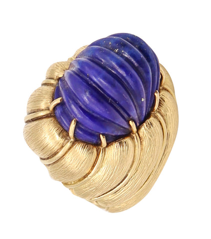 Italian Mid Century 1960 Cocktail Ring In 18Kt Yellow Gold With 28.22 Cts Fluted Lapis