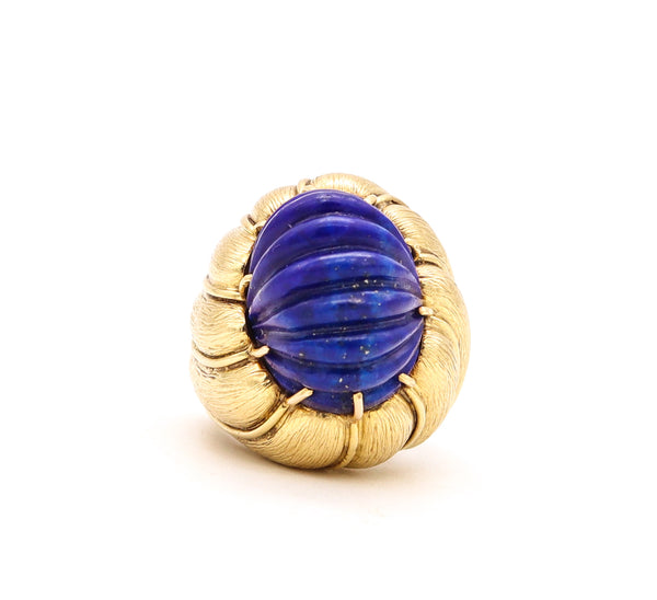 Italian Mid Century 1960 Cocktail Ring In 18Kt Yellow Gold With 28.22 Cts Fluted Lapis