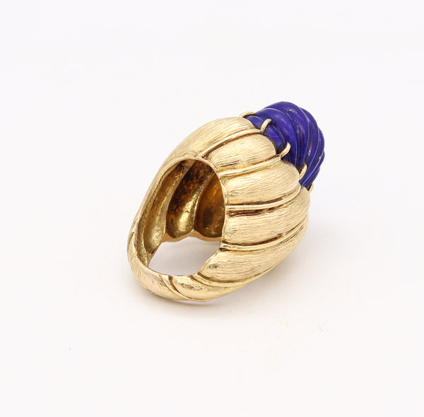 Italian Mid Century 1960 Cocktail Ring In 18Kt Yellow Gold With 28.22 Cts Fluted Lapis