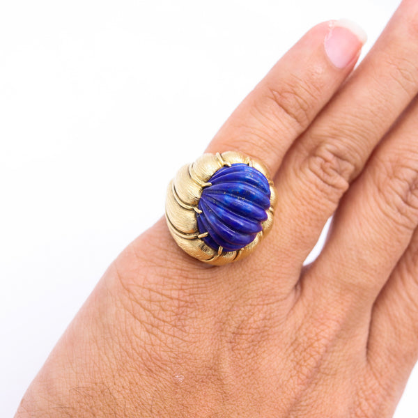 Italian Mid Century 1960 Cocktail Ring In 18Kt Yellow Gold With 28.22 Cts Fluted Lapis