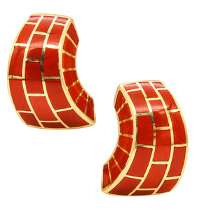 -Angela Cummings Rare Geometric Clip Earrings In 18Kt Yellow Gold With Jasper Bricks