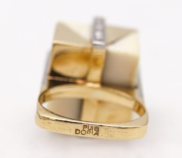 Puig Doria 1970 Geometric Sculptural Ring In 18Kt Gold With Cubic Carving And Diamonds