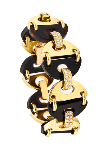 *Louis Fiessler 1970 Geometric Links Bracelet in 18 Kt Gold with 2.52 Cts in Diamonds & Jade