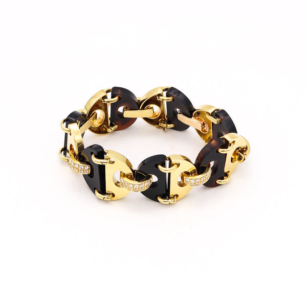 *Louis Fiessler 1970 Geometric Links Bracelet in 18 Kt Gold with 2.52 Cts in Diamonds & Jade