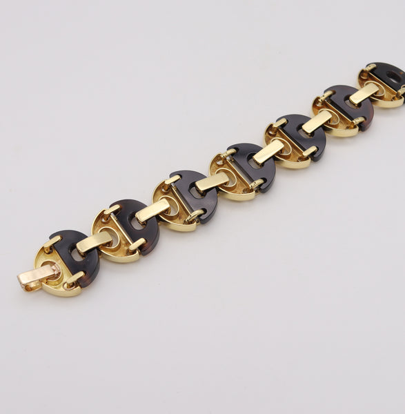 *Louis Fiessler 1970 Geometric Links Bracelet in 18 Kt Gold with 2.52 Cts in Diamonds & Jade