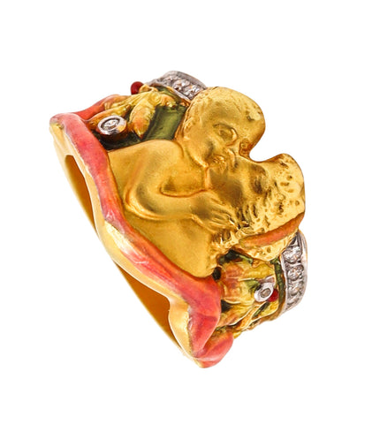 Masriera Art Nouveau Plique à Jour Enamel Ring In 18Kt Yellow Gold With VS Diamonds