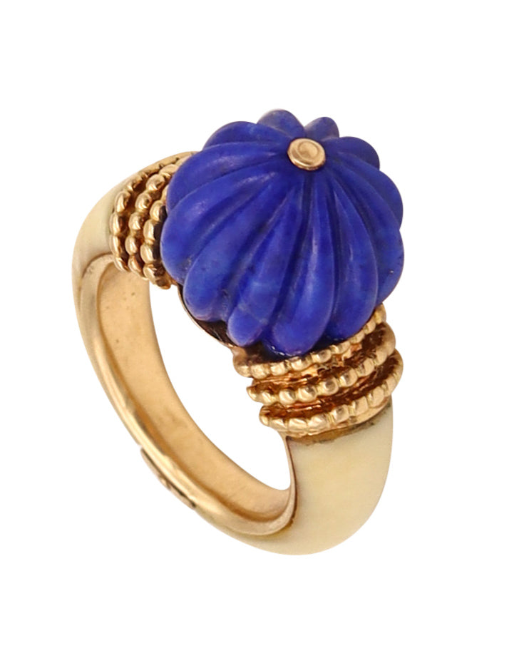 Boucheron Paris 1970 Classic Cocktail Ring In 18Kt Yellow Gold With Blue Lapis & Coral