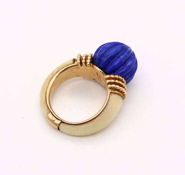 Boucheron Paris 1970 Classic Cocktail Ring In 18Kt Yellow Gold With Blue Lapis & Coral