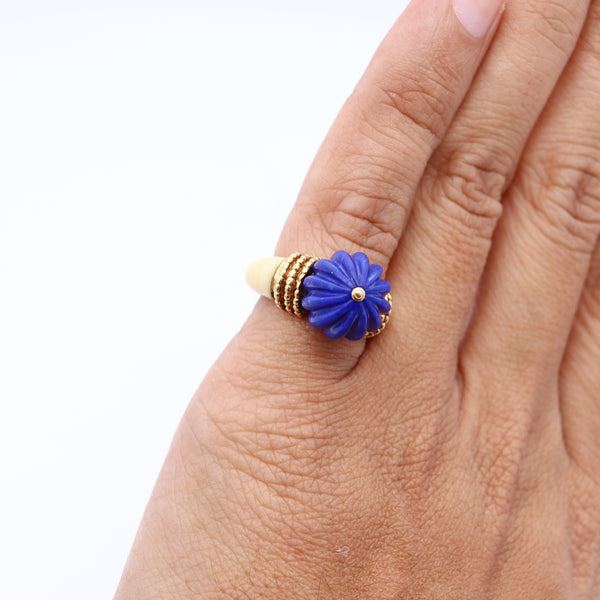 Boucheron Paris 1970 Classic Cocktail Ring In 18Kt Yellow Gold With Blue Lapis & Coral