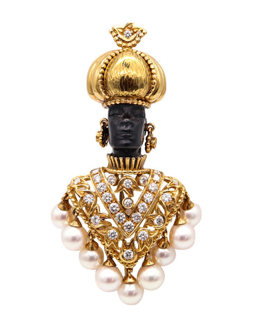 Nubian Prince Gem Set Brooch Pendant In 18Kt Gold With 2.76 Ctw In Diamonds And Pearls