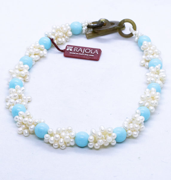 RAJOLA ITALY BLUE TURQUOISE AND WHITE PEARLS NECKLACE