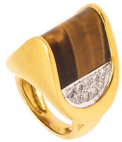 Robert Altman 1970 New York Geometric Ring In 18Kt Yellow Gold With 20.75 Cts In Diamonds & Tiger Eye