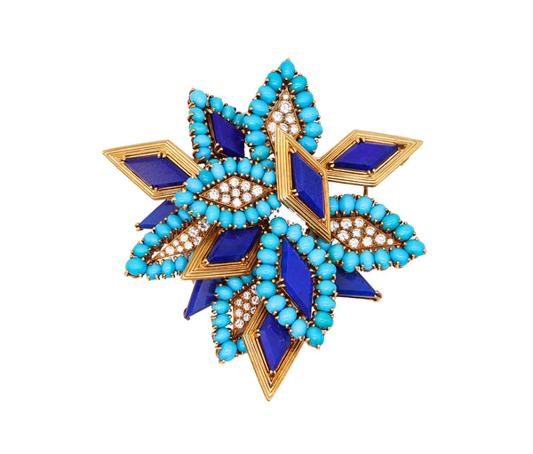 Asprey 1971 London Geometric Brooch In 18Kt Yellow Gold With 64.72 Cts In Diamonds Lapis And Turquoise