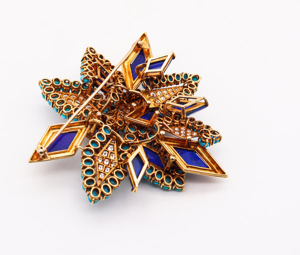 Asprey 1971 London Geometric Brooch In 18Kt Yellow Gold With 64.72 Cts In Diamonds Lapis And Turquoise