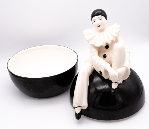 FRANCE 1950 CERAMIC RECIPIENT BOX WITH A SEATED HARLEQUIN CLOWN