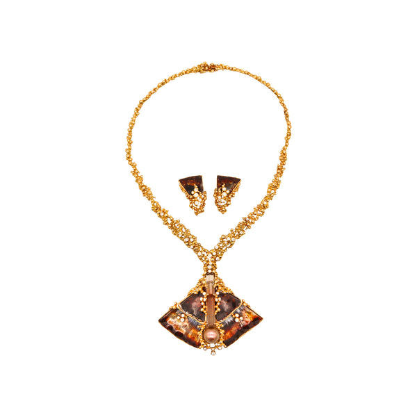 -Gilbert Albert 1970 Suite Of Necklace And Earrings In 18Kt Gold 13.78 Cts Diamonds Tourmalines & Shell