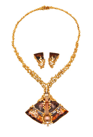 -Gilbert Albert 1970 Suite Of Necklace And Earrings In 18Kt Gold 13.78 Cts Diamonds Tourmalines & Shell