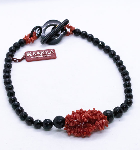 RAJOLA ITALY 18 KT RED CORAL, ONYX AND HORN NECKLACE