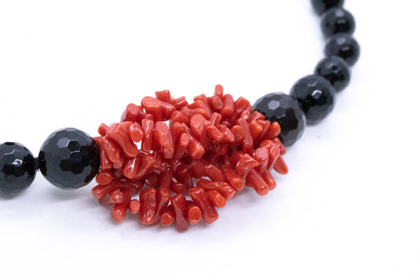 RAJOLA ITALY 18 KT RED CORAL, ONYX AND HORN NECKLACE