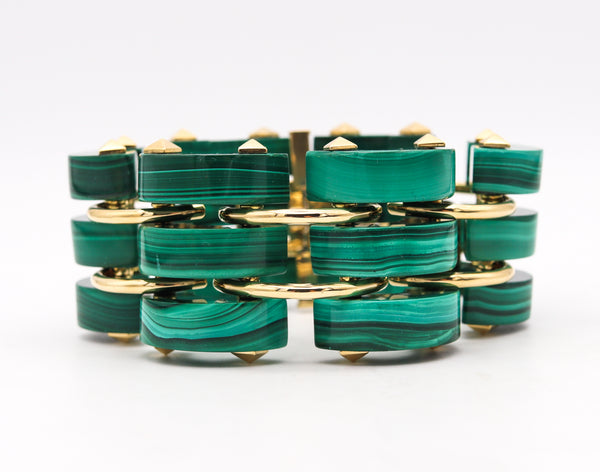 Aletto Brothers Three Rows Bracelet In 18Kt Yellow Gold With Carved Malachite