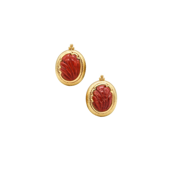 *Elizabeth Gage 2002 London Clip-Earrings in 18Kt Yellow Gold With Red Jasper