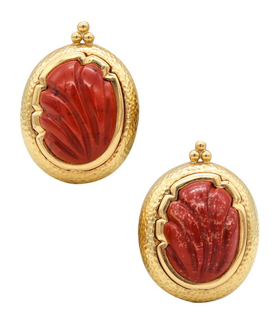 *Elizabeth Gage 2002 London Clip-Earrings in 18Kt Yellow Gold With Red Jasper