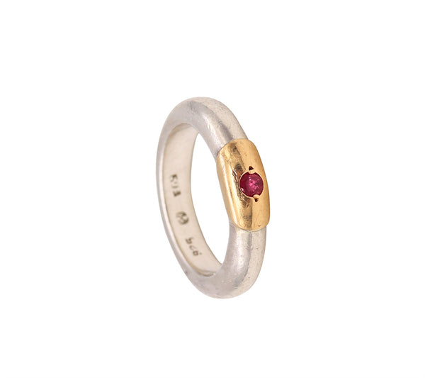 Lalaounis 1970 Greece Band Ring In 18Kt Yellow Gold & Sterling With Ruby