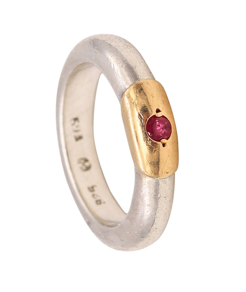 Lalaounis 1970 Greece Band Ring In 18Kt Yellow Gold & Sterling With Ruby