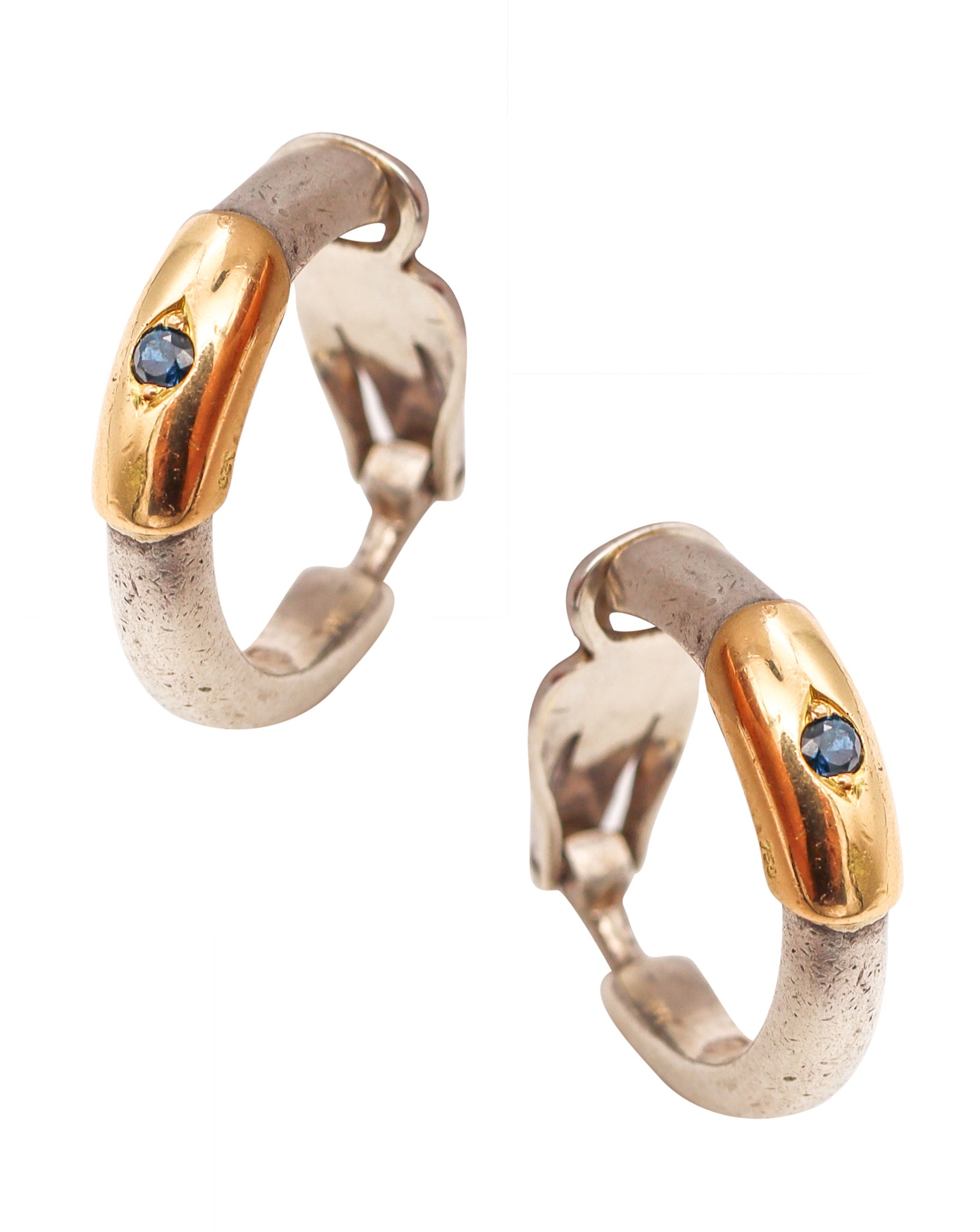 *Lalaounis 1970 Greece Hoops Earring Pair in 18 kt Gold and Sterling with 2 Sapphires