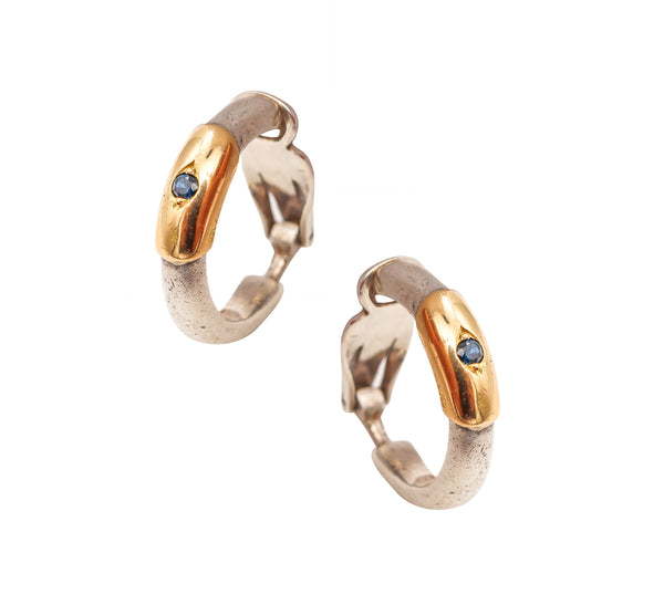 *Lalaounis 1970 Greece Hoops Earring Pair in 18 kt Gold and Sterling with 2 Sapphires