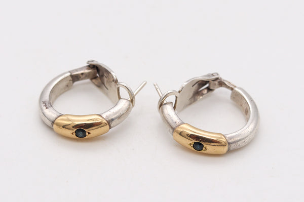 *Lalaounis 1970 Greece Hoops Earring Pair in 18 kt Gold and Sterling with 2 Sapphires