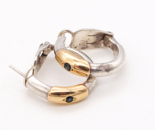 *Lalaounis 1970 Greece Hoops Earring Pair in 18 kt Gold and Sterling with 2 Sapphires