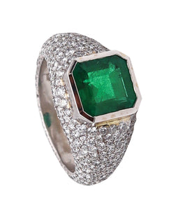 (S)Barmakian Brothers Cocktail Ring In 18Kt White Gold With 4.76 Ctw Certified Emerald And Diamonds