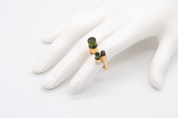 *Jean Vendome 1956 France sculptural Three-Towers ring in 18 kt yellow gold with 3 tourmaline