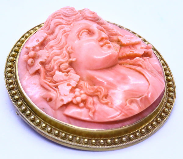 Victorian 1860 Etruscan Revival Pendant Brooch In 18Kt Yellow Gold With Coral Carving Of Persephone