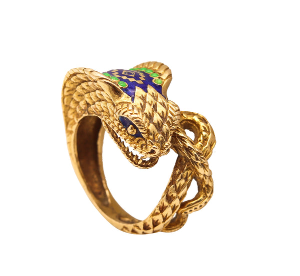 Etruscan Revival Sculpted Cobra Ring In 18Kt Yellow Gold With Enamel