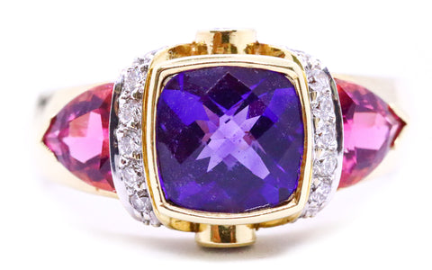 COLORFUL 14 KT GOLD RING WITH 3.96 Cts DIAMONDS, AMETHYST & TOURMALINE