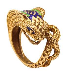 Etruscan Revival Sculpted Cobra Ring In 18Kt Yellow Gold With Enamel