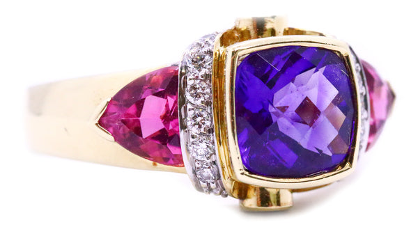 COLORFUL 14 KT GOLD RING WITH 3.96 Cts DIAMONDS, AMETHYST & TOURMALINE