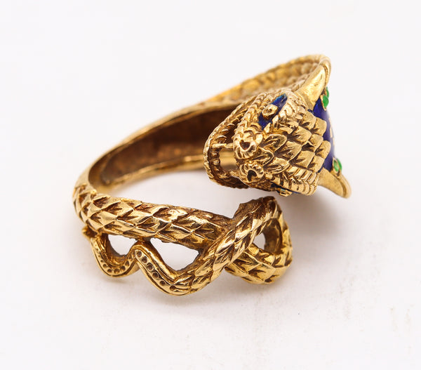 Etruscan Revival Sculpted Cobra Ring In 18Kt Yellow Gold With Enamel