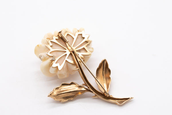 Italy 1950 Mid Century Brooch In 14Kt Yellow Gold With A Carved Rose In Coral
