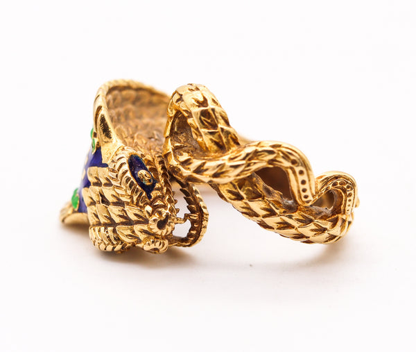 Etruscan Revival Sculpted Cobra Ring In 18Kt Yellow Gold With Enamel