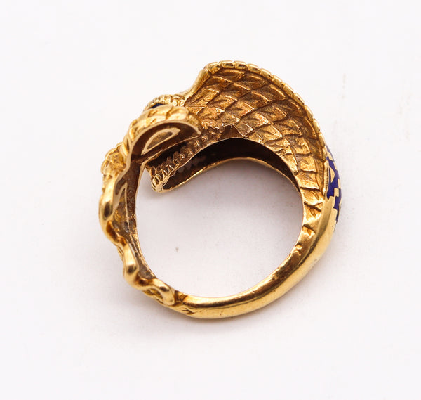 Etruscan Revival Sculpted Cobra Ring In 18Kt Yellow Gold With Enamel