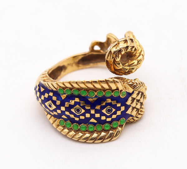 Etruscan Revival Sculpted Cobra Ring In 18Kt Yellow Gold With Enamel