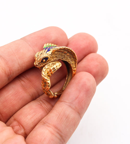 Etruscan Revival Sculpted Cobra Ring In 18Kt Yellow Gold With Enamel